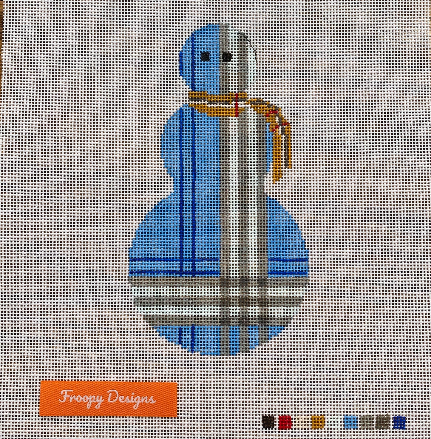 “BRITISH PLAID SNOWMAN”, 3.25” x 6” on 18 mesh