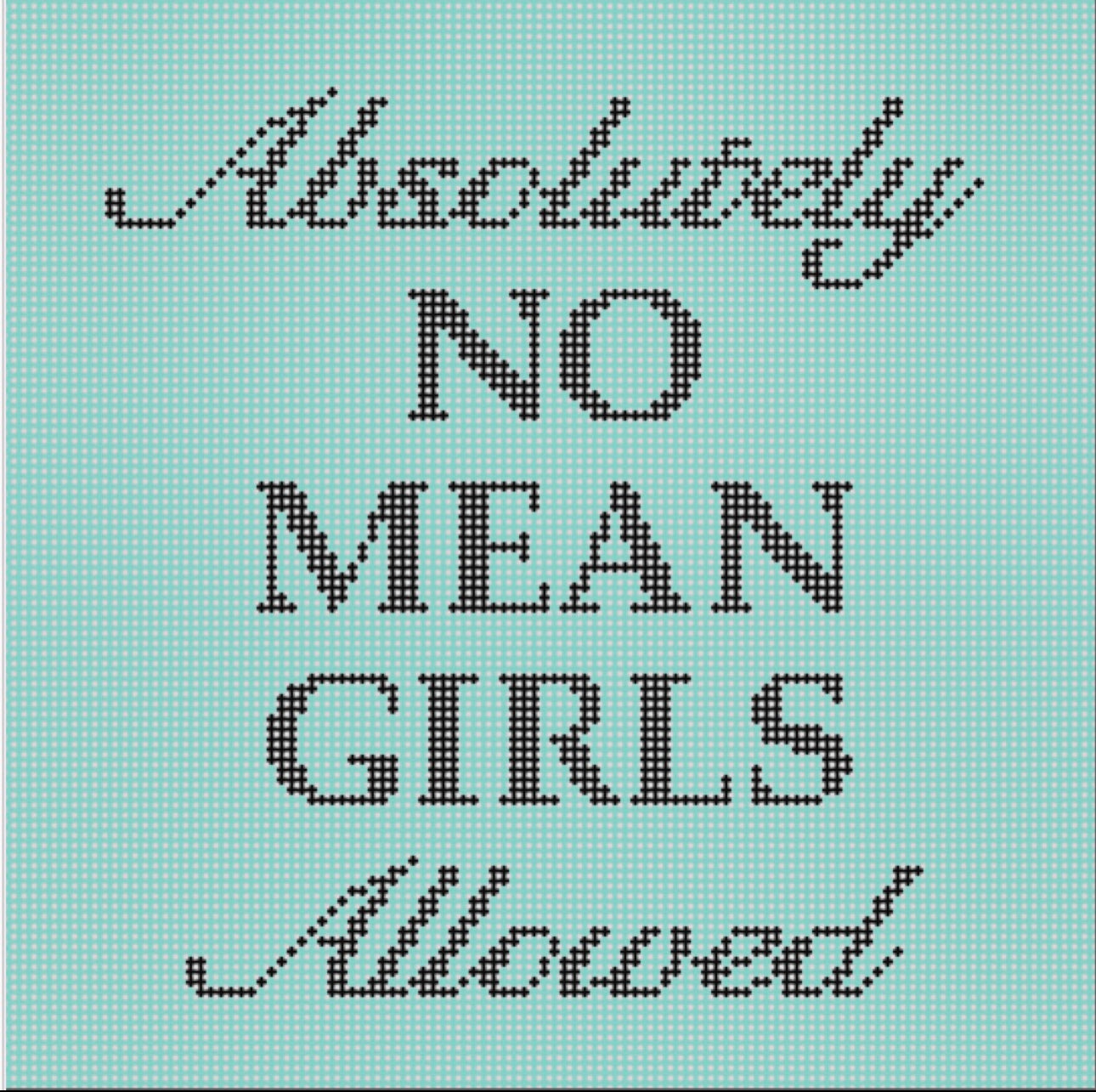 “NO MEAN GIRLS”, 6” square on 18 mesh