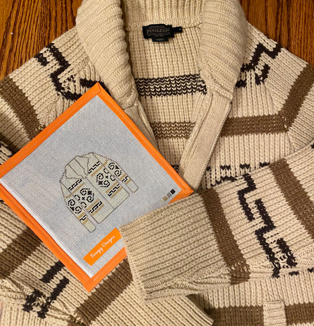 “WESTERLY/LEBOWSKI SWEATER”,  4” square on 18 mesh