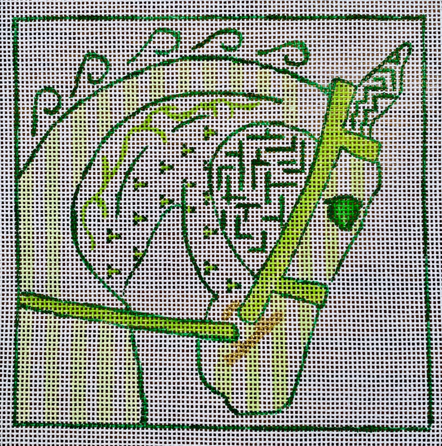 "PORCELAIN HORSE HEAD IN GREENS",  5.25" square on 18 mesh