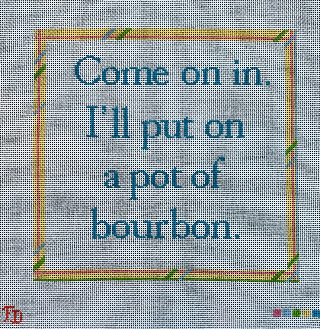 "POT OF BOURBON", on 13 mesh Froopy Designs Needlepoint