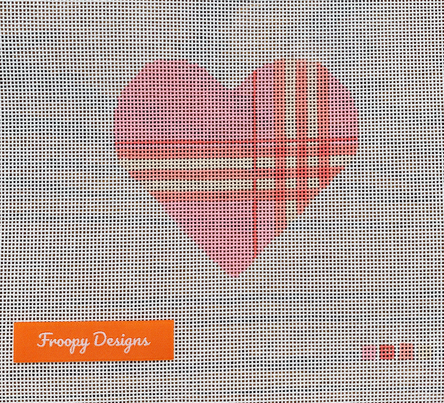 “BRITISH PLAID HEART”,  4” square on 18 mesh