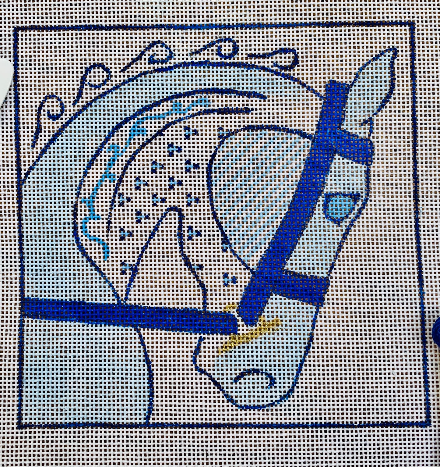 "PORCELAIN HORSE HEAD IN BLUE", 5.25" square on 18 mesh