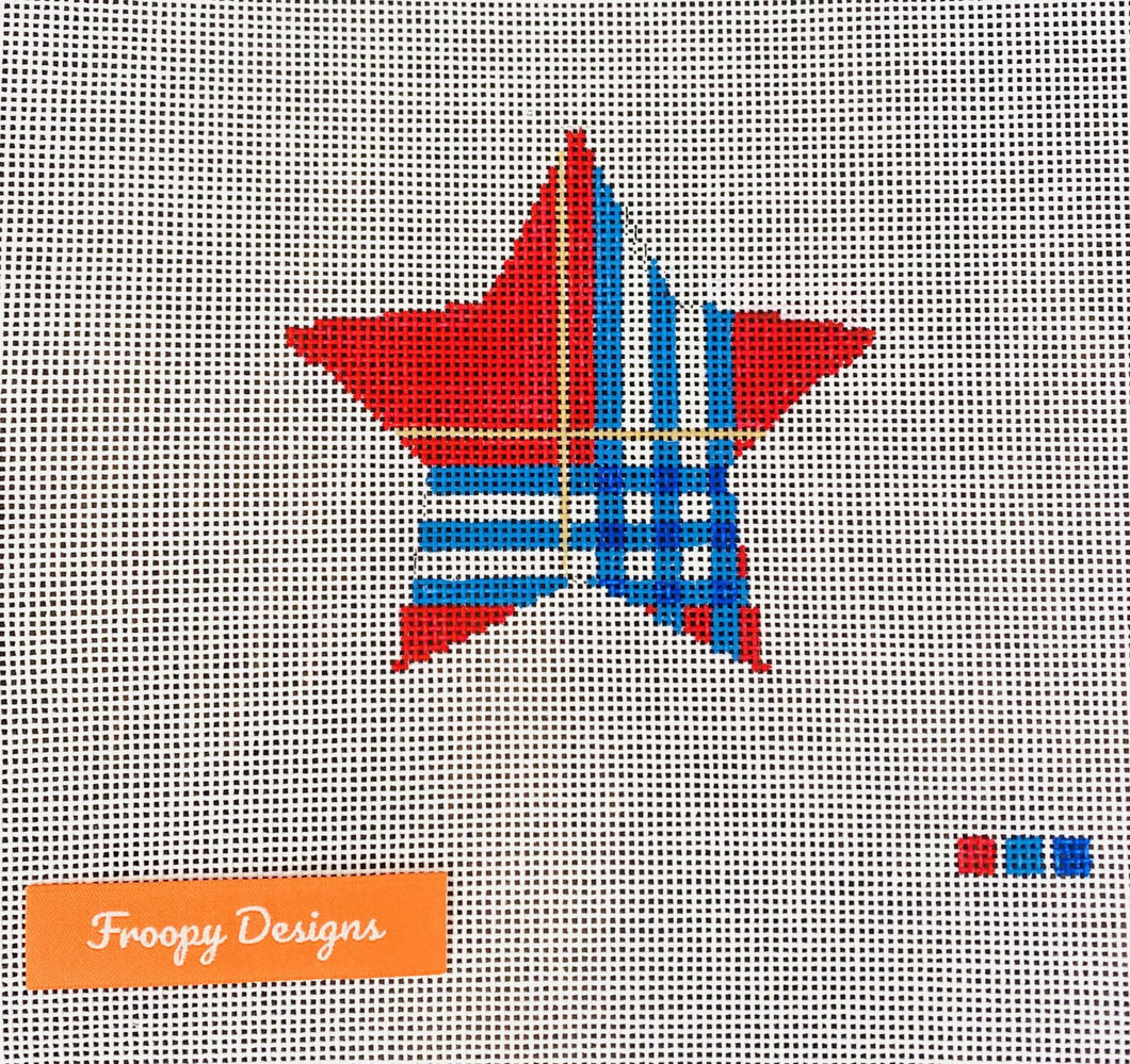 “BRITISH PLAID STAR”,  4” square on 18 mesh