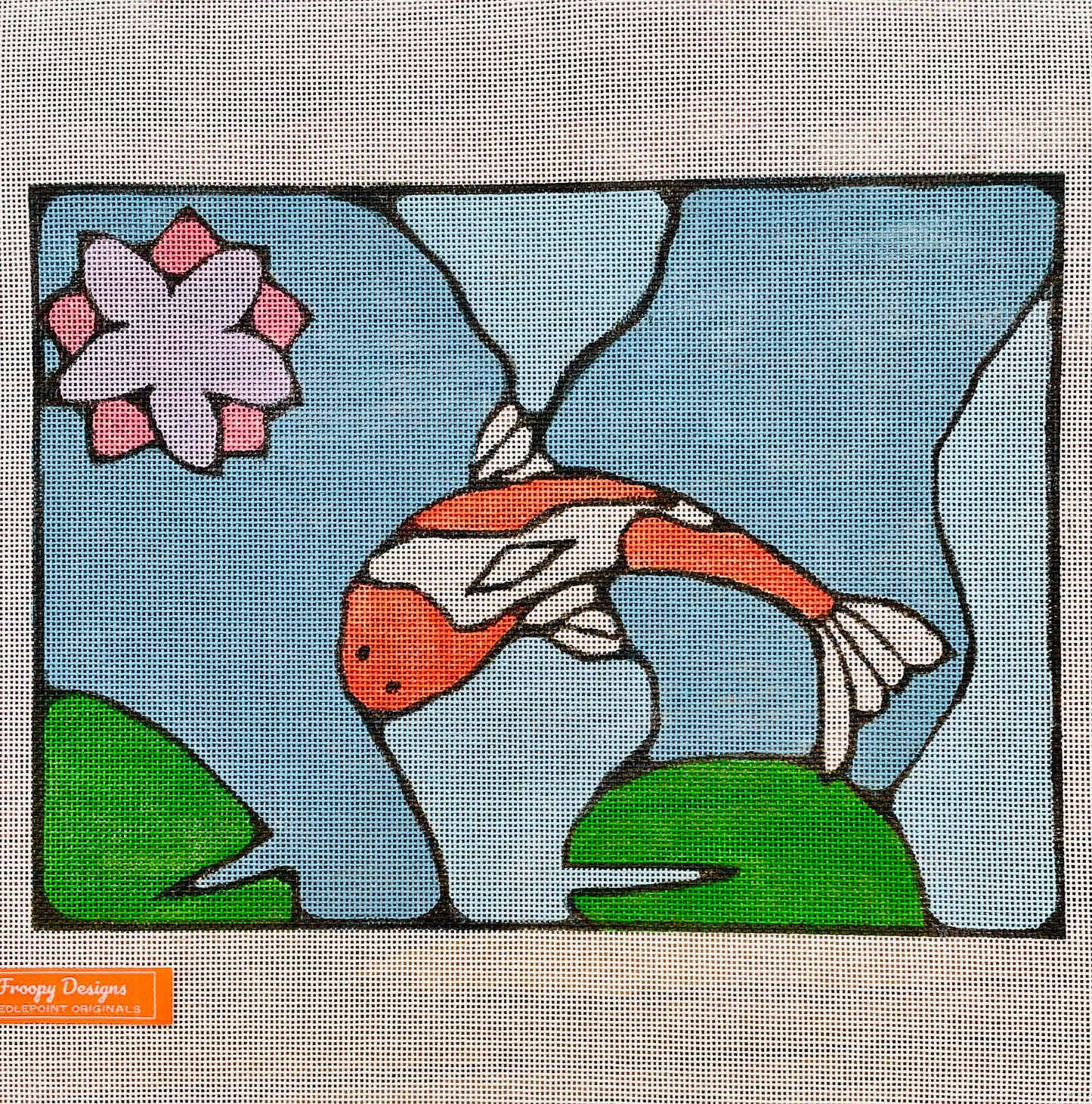 “THE KOI IN A POND”,  10 3/4” x 7 3/4” on 18 mesh