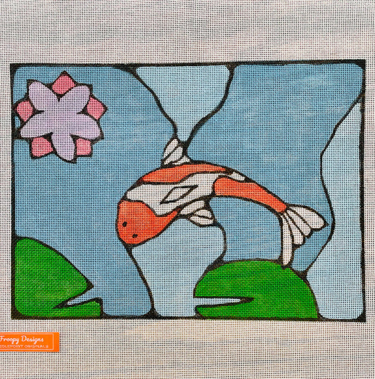 “THE KOI IN A POND”,  10 3/4” x 7 3/4” on 18 mesh