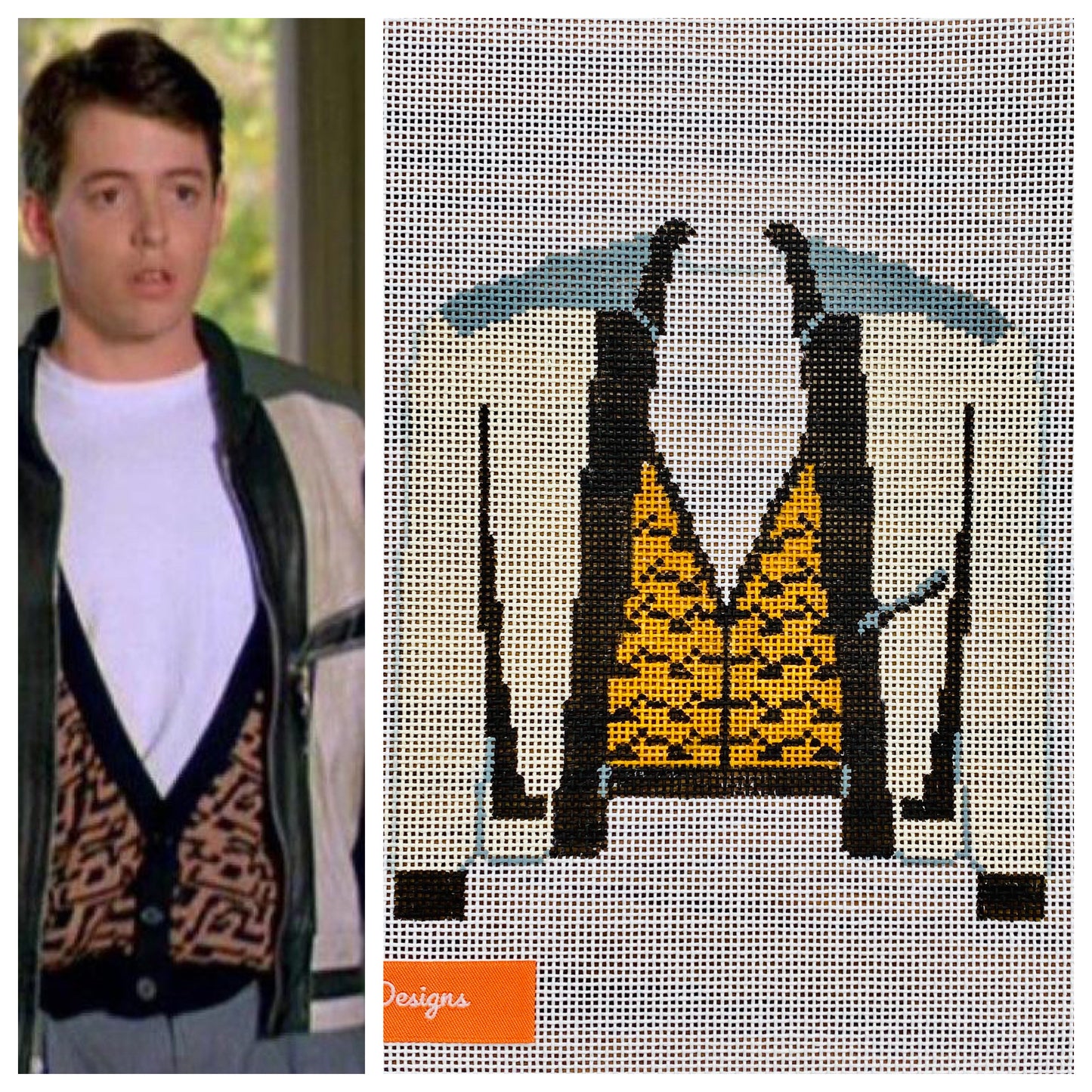 FERRIS BUELLER SWEATER”,  5” square on 18 mesh